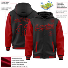 Загрузить изображение в средство просмотра галереи, Custom Black Red Bomber Full-Snap Varsity Letterman Two Tone Hoodie Jacket
