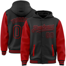 Загрузить изображение в средство просмотра галереи, Custom Black Red Bomber Full-Snap Varsity Letterman Two Tone Hoodie Jacket
