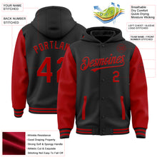 Загрузить изображение в средство просмотра галереи, Custom Black Red Bomber Full-Snap Varsity Letterman Two Tone Hoodie Jacket
