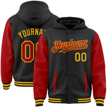 Загрузить изображение в средство просмотра галереи, Custom Black Red-Gold Bomber Full-Snap Varsity Letterman Two Tone Hoodie Jacket
