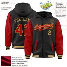 Загрузить изображение в средство просмотра галереи, Custom Black Red-Old Gold Bomber Full-Snap Varsity Letterman Two Tone Hoodie Jacket
