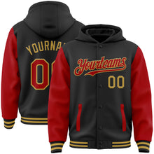 Загрузить изображение в средство просмотра галереи, Custom Black Red-Old Gold Bomber Full-Snap Varsity Letterman Two Tone Hoodie Jacket
