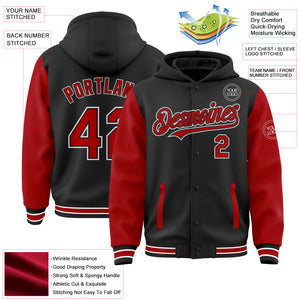 Custom Black Red-White Bomber Full-Snap Varsity Letterman Two Tone Hoodie Jacket