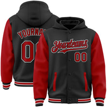 Загрузить изображение в средство просмотра галереи, Custom Black Red-White Bomber Full-Snap Varsity Letterman Two Tone Hoodie Jacket
