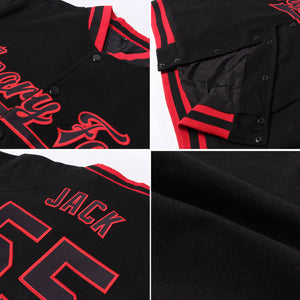 Custom Black Royal-Red Bomber Full-Snap Varsity Letterman Two Tone Hoodie Jacket