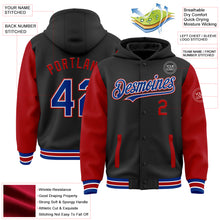 Загрузить изображение в средство просмотра галереи, Custom Black Royal-Red Bomber Full-Snap Varsity Letterman Two Tone Hoodie Jacket
