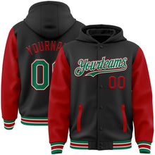 Load image into Gallery viewer, Custom Black Kelly Green-Red Bomber Full-Snap Varsity Letterman Two Tone Hoodie Jacket
