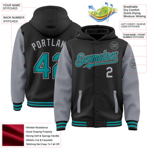 Custom Black Teal-Gray Bomber Full-Snap Varsity Letterman Two Tone Hoodie Jacket