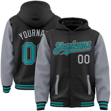 Загрузить изображение в средство просмотра галереи, Custom Black Teal-Gray Bomber Full-Snap Varsity Letterman Two Tone Hoodie Jacket
