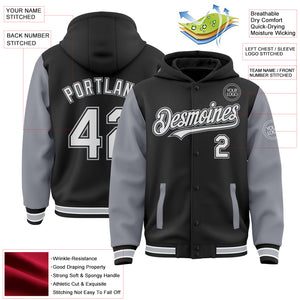 Custom Black White-Gray Bomber Full-Snap Varsity Letterman Two Tone Hoodie Jacket