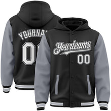 Загрузить изображение в средство просмотра галереи, Custom Black White-Gray Bomber Full-Snap Varsity Letterman Two Tone Hoodie Jacket
