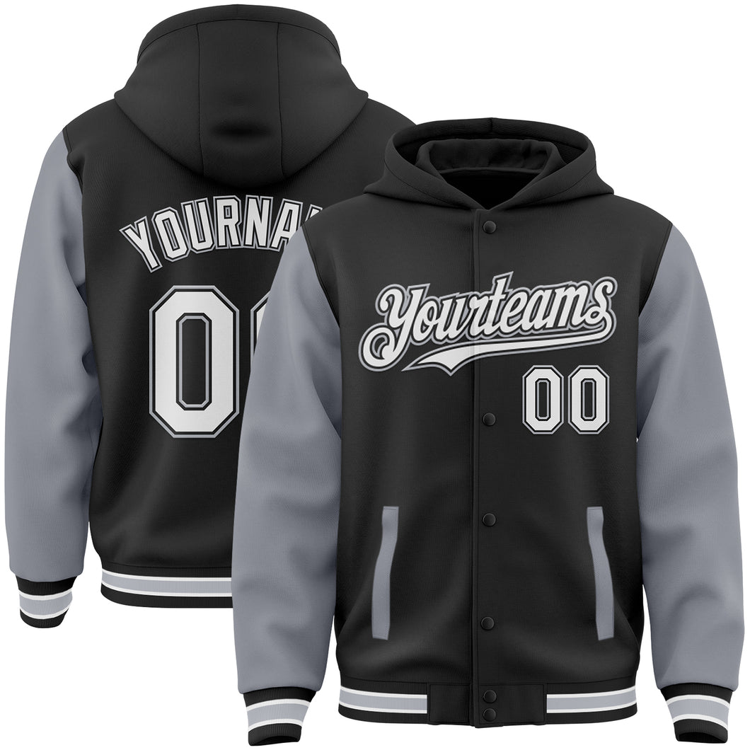 Custom Black White-Gray Bomber Full-Snap Varsity Letterman Two Tone Hoodie Jacket