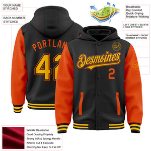 Custom Black Gold-Orange Bomber Full-Snap Varsity Letterman Two Tone Hoodie Jacket