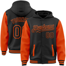 Load image into Gallery viewer, Custom Black Orange Bomber Full-Snap Varsity Letterman Two Tone Hoodie Jacket
