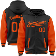 Charger l&#39;image dans la galerie, Custom Black Orange Bomber Full-Snap Varsity Letterman Two Tone Hoodie Jacket
