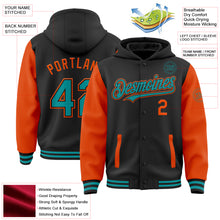 Загрузить изображение в средство просмотра галереи, Custom Black Teal-Orange Bomber Full-Snap Varsity Letterman Two Tone Hoodie Jacket
