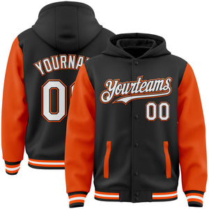 Custom Black White-Orange Bomber Full-Snap Varsity Letterman Two Tone Hoodie Jacket