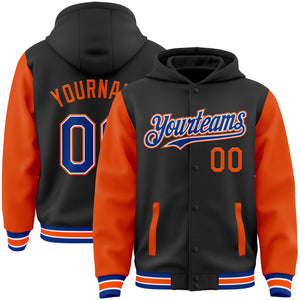 Custom Black Royal-Orange Bomber Full-Snap Varsity Letterman Two Tone Hoodie Jacket