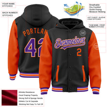 Загрузить изображение в средство просмотра галереи, Custom Black Purple-Orange Bomber Full-Snap Varsity Letterman Two Tone Hoodie Jacket
