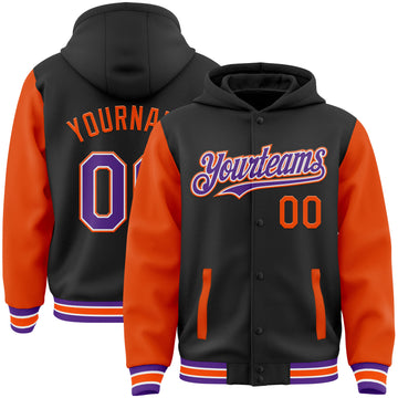 Custom Black Purple-Orange Bomber Full-Snap Varsity Letterman Two Tone Hoodie Jacket