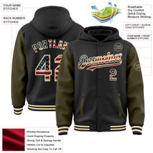 Загрузить изображение в средство просмотра галереи, Custom Black Vintage USA Flag Olive-Cream Bomber Full-Snap Varsity Letterman Two Tone Hoodie Jacket
