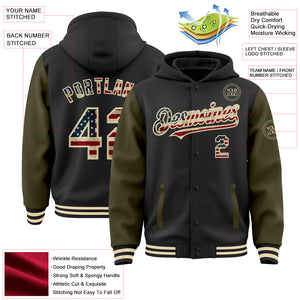 Custom Black Vintage USA Flag Olive-Cream Bomber Full-Snap Varsity Letterman Two Tone Hoodie Jacket