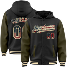 Загрузить изображение в средство просмотра галереи, Custom Black Vintage USA Flag Olive-Cream Bomber Full-Snap Varsity Letterman Two Tone Hoodie Jacket
