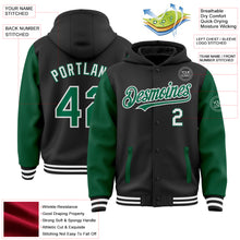 Load image into Gallery viewer, Custom Black Kelly Green-White Bomber Full-Snap Varsity Letterman Two Tone Hoodie Jacket
