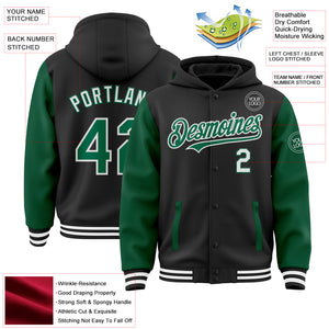 Custom Black Kelly Green-White Bomber Full-Snap Varsity Letterman Two Tone Hoodie Jacket