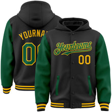 Load image into Gallery viewer, Custom Black Kelly Green-Gold Bomber Full-Snap Varsity Letterman Two Tone Hoodie Jacket
