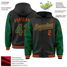 Load image into Gallery viewer, Custom Black Kelly Green-Orange Bomber Full-Snap Varsity Letterman Two Tone Hoodie Jacket
