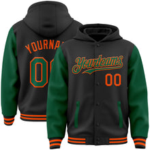 Load image into Gallery viewer, Custom Black Kelly Green-Orange Bomber Full-Snap Varsity Letterman Two Tone Hoodie Jacket
