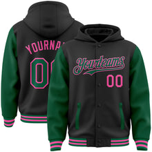 Load image into Gallery viewer, Custom Black Kelly Green-Pink Bomber Full-Snap Varsity Letterman Two Tone Hoodie Jacket
