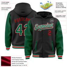 Load image into Gallery viewer, Custom Black Kelly Green-Red Bomber Full-Snap Varsity Letterman Two Tone Hoodie Jacket
