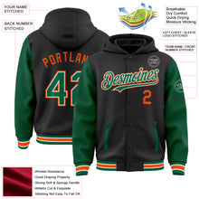 Load image into Gallery viewer, Custom Black Kelly Green-Orange Bomber Full-Snap Varsity Letterman Two Tone Hoodie Jacket
