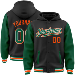 Custom Black Kelly Green-Orange Bomber Full-Snap Varsity Letterman Two Tone Hoodie Jacket