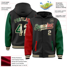 Charger l&#39;image dans la galerie, Custom Black Vintage Mexican Flag Kelly Green Red-Cream Bomber Full-Snap Varsity Letterman Two Tone Hoodie Jacket
