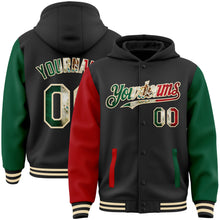 Charger l&#39;image dans la galerie, Custom Black Vintage Mexican Flag Kelly Green Red-Cream Bomber Full-Snap Varsity Letterman Two Tone Hoodie Jacket
