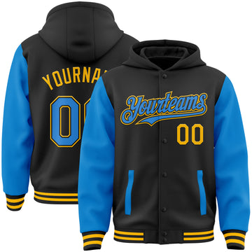 Custom Black Powder Blue-Gold Bomber Full-Snap Varsity Letterman Two Tone Hoodie Jacket