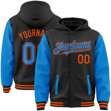 Custom Black Powder Blue-Orange Bomber Full-Snap Varsity Letterman Two Tone Hoodie Jacket