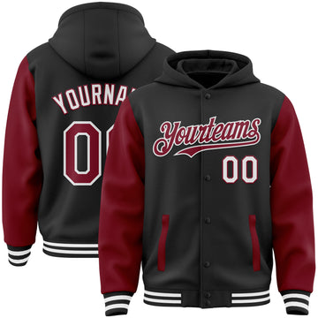 Custom Black Crimson-White Bomber Full-Snap Varsity Letterman Two Tone Hoodie Jacket