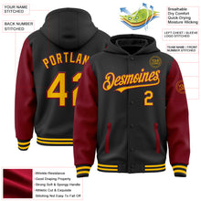 Load image into Gallery viewer, Custom Black Gold-Crimson Bomber Full-Snap Varsity Letterman Two Tone Hoodie Jacket
