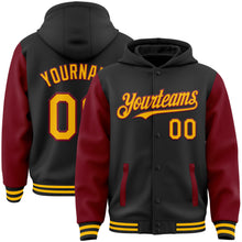 Load image into Gallery viewer, Custom Black Gold-Crimson Bomber Full-Snap Varsity Letterman Two Tone Hoodie Jacket
