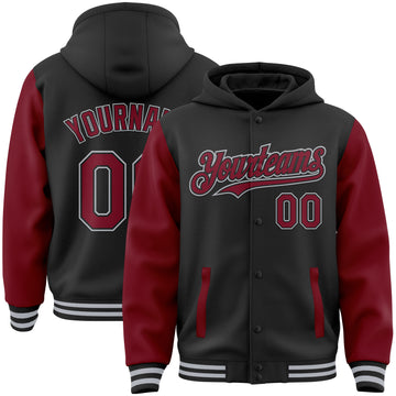 Custom Black Crimson-Gray Bomber Full-Snap Varsity Letterman Two Tone Hoodie Jacket