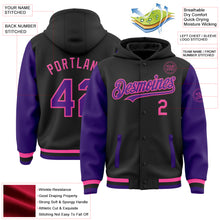 Загрузить изображение в средство просмотра галереи, Custom Black Purple-Pink Bomber Full-Snap Varsity Letterman Two Tone Hoodie Jacket
