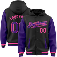 Загрузить изображение в средство просмотра галереи, Custom Black Purple-Pink Bomber Full-Snap Varsity Letterman Two Tone Hoodie Jacket
