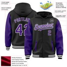 Загрузить изображение в средство просмотра галереи, Custom Black Purple-White Bomber Full-Snap Varsity Letterman Two Tone Hoodie Jacket
