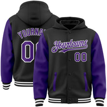 Загрузить изображение в средство просмотра галереи, Custom Black Purple-White Bomber Full-Snap Varsity Letterman Two Tone Hoodie Jacket
