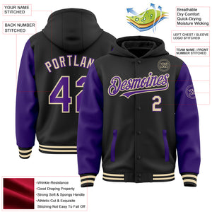 Custom Black Purple-Cream Bomber Full-Snap Varsity Letterman Two Tone Hoodie Jacket