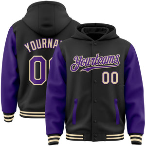 Custom Black Purple-Cream Bomber Full-Snap Varsity Letterman Two Tone Hoodie Jacket